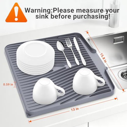 Silicone Dish Drying Mat for Kitchen counter, 15.8"x13" Extra Large Non-Slip Drain Pad with Built-in Drainage, Heat Resistant Dishwasher Safe, Drainage Spout & Hanging Hook, Grey