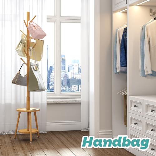 Coat Rack, Bamboo Wood Coat Freestanding with Umbrella Holder, Adjustable Height Coat Stand with 8 Hooks, kids coat rack, Used In The Bedroom Living Room, Office To Hang Clothes, Hats, Bags (Natural)