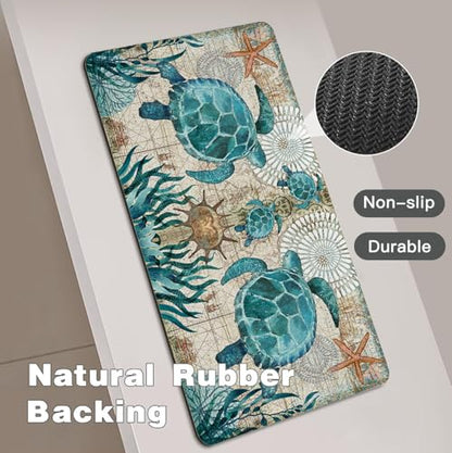Extra Long Bath Rug, Blue Vintage Sea Turtle Decor Non Slip Bath Runner Rug with Rubber Backing, Thin Absorbent Quick Dry Bath Mats for Bathtub Bathroom Kitchen, 15.7x47.2 inch