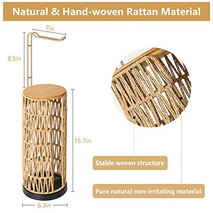 Freestanding Toilet Paper Holder with Storage,3 Rolls of Tissue Holder for Bathroom,Handmade Woven Toilet Paper Roll Holder Stand,Rattan Sturdy Boho Bathroom Decor Farmhouse Toilet Paper Storage
