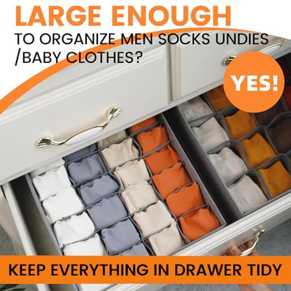 3 Pack Sock Underwear Drawer Organizer Dividers, 64 Cell Fabric Foldable Dresser Organizer for Closet Organizers and Storage Boxes for Organizing Socks, Underwear, Ties (16+24+24 Cell, Gray)