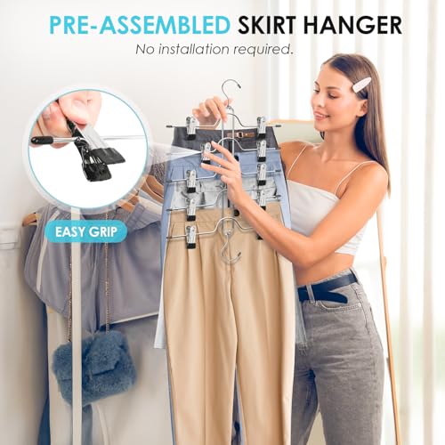 Skirt Hangers with Clips 5 Tier Pants Hangers Space Saving 2 Pack | Rustproof Metal Hangers, Multi Shorts Hanger with Adjustable Clips, Closet Organizer and Storage for Jeans Leggings Shorts