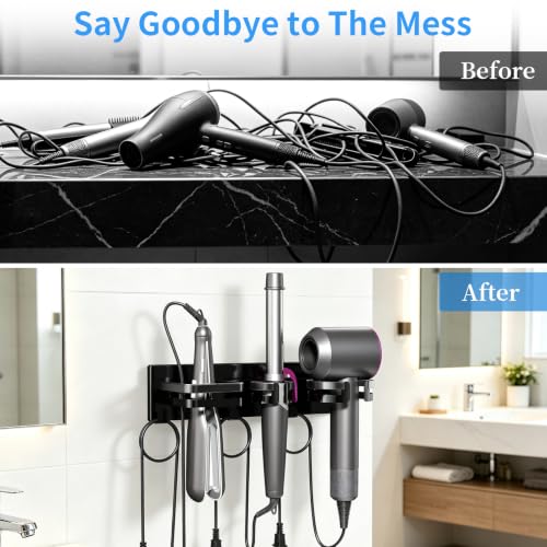 Hair Dryer Holder Wall Mount Metal Hot Tools Organizer Self Adhesive/Screw | 3 in 1 Hair Tool Organizer with Cord Organizer, Blow Dryer Holder with Curling Iron & Flat Iron Holder Matte Black