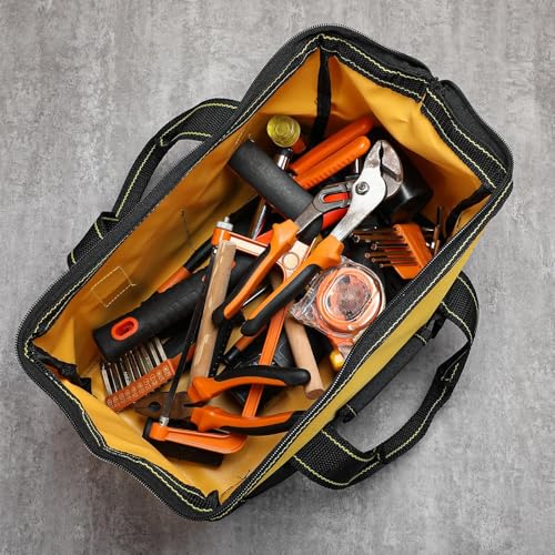 Sanwuta 3 Pack Tool Bag for Men with Waterproof Hard Bottom, Heavy Duty Tool Bag Wide Mouth Tote for Various Instrument, Electrician Carpenter Mechanic(Blue, Red, Yellow,13 Inch,Classic)