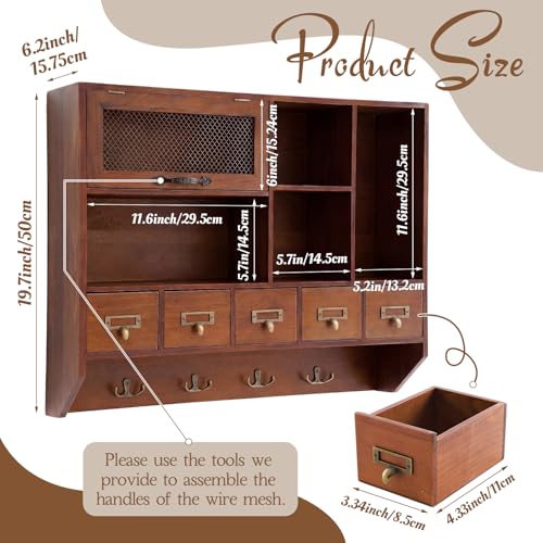 Cinnvoice 23.5 x 19.7 x 6.2 Inch Vintage Apothecary Cabinet with 5 Drawers, Farmhouse Medicine Cabinet, Chicken Wire Wall Shelf with Hooks, Home Office & Bedroom Organization and Storage