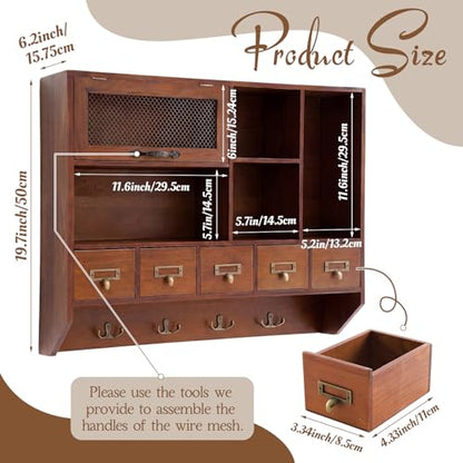Cinnvoice 23.5 x 19.7 x 6.2 Inch Vintage Apothecary Cabinet with 5 Drawers, Farmhouse Medicine Cabinet, Chicken Wire Wall Shelf with Hooks, Home Office & Bedroom Organization and Storage