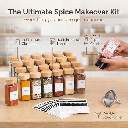 SAVVY & SORTED Glass Spice Jars with Label, 24PK Bamboo Jar Spices Set 4oz, 374 Spice Labels, Pepper Grinder, Empty Herb Seasoning Containers, Funnel and Shaker Lids
