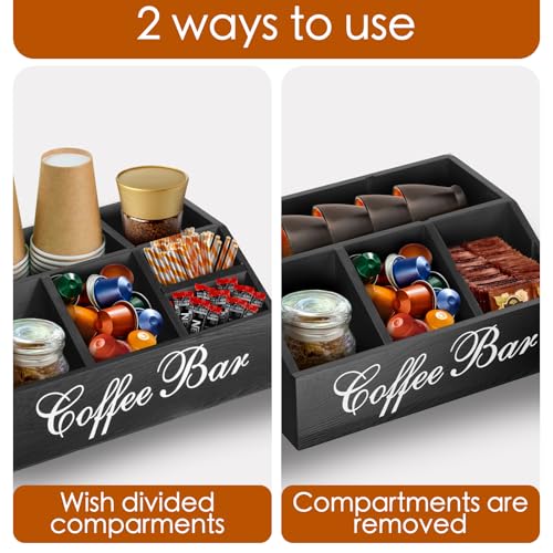Wood Coffee Station Organizer for Counter | Farmhouse Coffee Bar Organizer | Coffee Pods Holder Bar Accessories | Tea Condiment Storage Basket | Home Decor