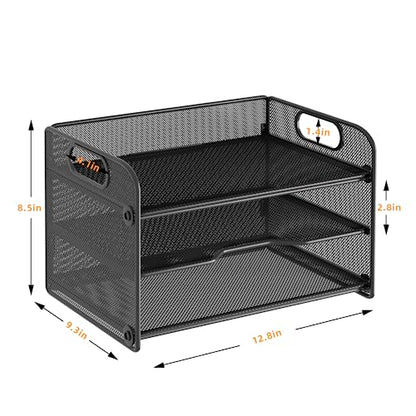 Samstar 3 Tier Letter Tray Paper Organizer with Handle, Mesh Desk Organizer Paper Sorter File Rack Shelves, Black