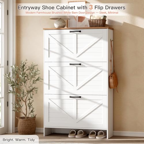 Shoe Cabinet, 3 Flip Drawers & Adjustable Shelves, Ultra Slim Freestanding (9.1” Deep), Holds 30 Pairs, Narrow Shoe Storage Cabinet with Anti-Tip Safety, Modern Farmhouse White Walnut