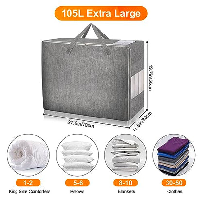 3 Pack 105L Comforter Storage Bags, Extra Large Bedding Storage Bags with Card and Clear Window, Reinforced Handles & Zippers, Foldable Closet Organizers for Blanket Pillow Clothes