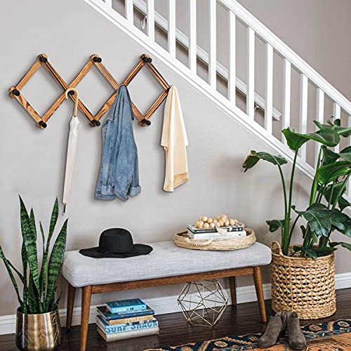 WGFKVAS 2 Pack Accordion Hat Rack for Wall | Expandable Coat Rack & Wall Mounted Hat Holder - Wooden Wall Hanger with 10 Peg Hooks for Coats, Baseball Caps, Keys & Mugs