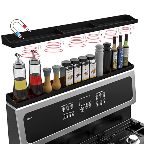 Stove Top Shelf 30 Inch - Silicone Material Magnetic Shelf for Stove -Black | 3 Functional Partitions,Heat Resistant Kitchen Spice Rack Organizer