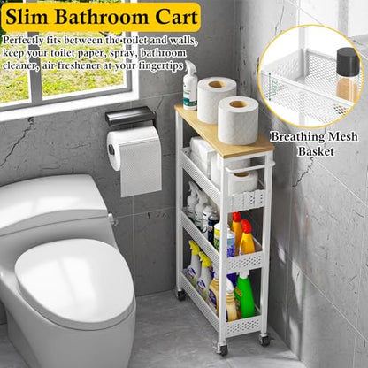 Slim Laundry Room Organization Cart with Upgraded Metal Hub Casters | Fits between washer & dryer, 4-Tier space-saving narrow rolling cart, Premium wood top & metal mesh shelf, with handle & hook