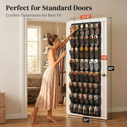 48 Pockets Over the Door Shoe Organizer, Large Mesh Hanging Shoe Rack, 6-Column Heavy Duty Shoe Storage for Sneakers and Heels, Behind Door Holder for Entryway Bedroom Dorm College, Black