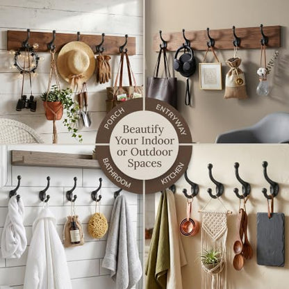 Rustic Cast Iron Coat Hooks (5 Pack) Wall Mounted Farmhouse Decorative Wall Hooks, Vintage Hooks for Hanging Coats, Bags, Hats, Towels (Antique Black, Includes Hardware)