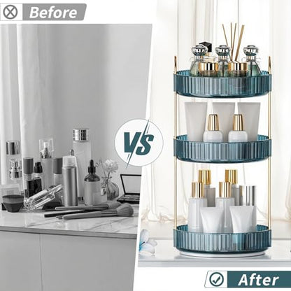 INVSSENE 360° Rotating Makeup Organizer, Bathroom Organizers and Storage Holder Rack, Large Capacity Vanity Shelf Countertop, Fits Cosmetics, Perfume, Skin Care(Blue, 3 Tiers)
