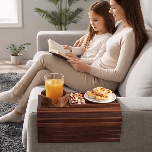 Bamboo Sofa Armrest Tray, Foldable Couch Arm Tray Side Table, 2 in 1 Anti-Falling Armrest Tables Cup Holder for Snacks, Drinks, Beers, Phone, Control, Flexible and Portable, Anti-Slip, (Brown)