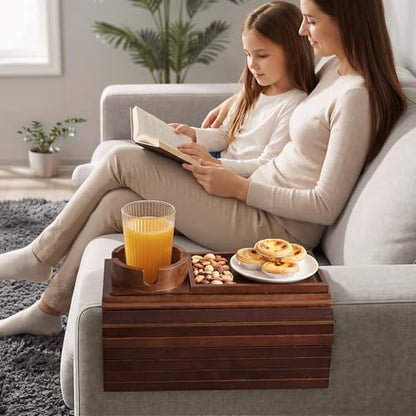 Bamboo Sofa Armrest Tray, Foldable Couch Arm Tray Side Table, 2 in 1 Anti-Falling Armrest Tables Cup Holder for Snacks, Drinks, Beers, Phone, Control, Flexible and Portable, Anti-Slip, (Brown)