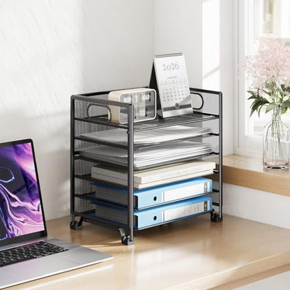 Simple Trending 6-Tier Paper Tray Organizer, File Organizer for Desk, Black | Letter Tray Holder with Handle. Sturdy Metal Frame. Non-slip Feet. Black for Office Home School. 13.35"L x 9.35"W x 15.6"H