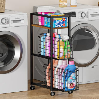 Hongtamoya 3 Tier Laundry Room Cart with Pull-Out Baskets, Utility Slim Storage Cart with Wheels Small Rolling Cart with Wood Top Metal Narrow Bathroom Laundry Room Organization Trolley, Black
