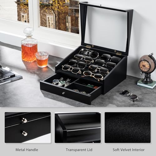 Sunglass Organizer for 14 Pairs, Large Wooden Sunglasses Display Case with Clear Lid & Drawer, Dustproof Glasses Storage Organizer for Men Women Countertop (Black)