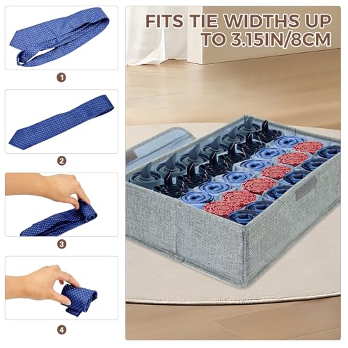 Gray Sock Organizer Divider 2 Pack with Lid - 30 Cell Foldable Closet Storage, Tie Organizer For Men Boxes for Socks, Ties, Belts