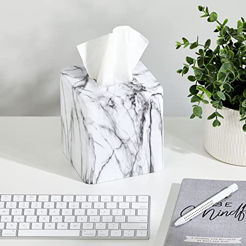 mDesign Metal Square Tissue Box Cover, Modern Facial Paper Holder - Accessories for Bathroom Vanity Countertop, Bedroom Dresser, Night Stand, Desk, Office and End Table - Unity Collection - Marble