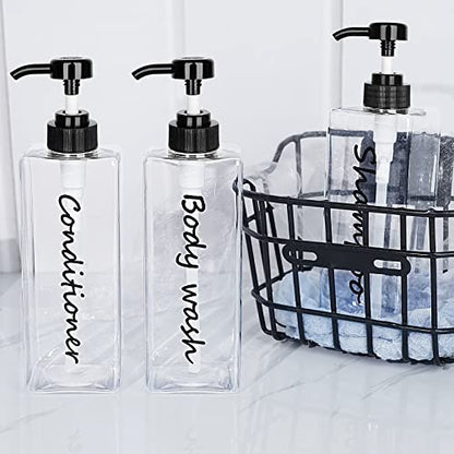 Shampoo Dispenser - Refillable Shampoo and Conditioner Bottles (Clear, Set of 3, 21oz) - Modern Shampoo Bottles for Shower Soap - Empty Shampoo Conditioner Body Wash Dispenser (Black) (Black)