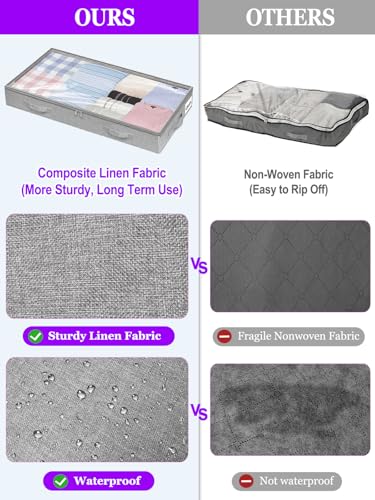 4-in Low Profile Under Bed Storage, No Structure, 2-Pack, Gray | 4" Ultra-Slim, Clear Lid, Reinfoced Handles & Smooth Zips, Dustproof & Waterproof, for Low Bed, Couch, Crib Storage