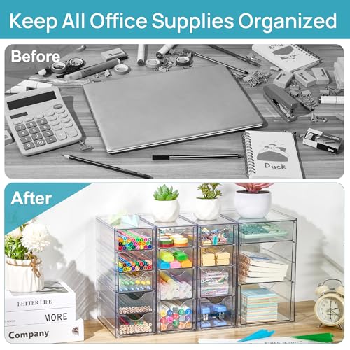 Vtopmart 4 Set Acrylic Desk Organizer with 16 Drawers for Office, Makeup | Clear Storage Drawers for Office Supplies, Desktop Organization for Makeup, Jewelry, Art Crafts, Bead, Pen, Stationary