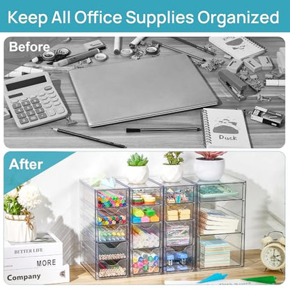 Vtopmart 4 Set Acrylic Desk Organizer with 16 Drawers for Office, Makeup | Clear Storage Drawers for Office Supplies, Desktop Organization for Makeup, Jewelry, Art Crafts, Bead, Pen, Stationary