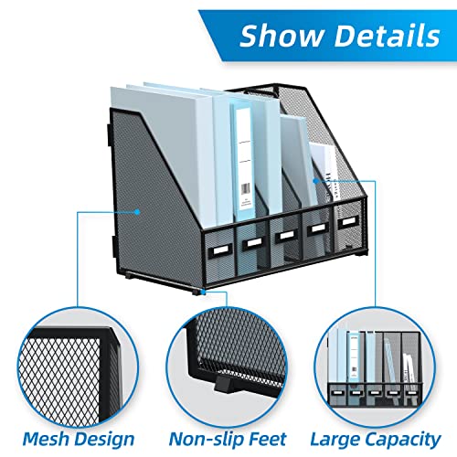 Desk Organizers Metal Desk Magazine File Holder with 5 Vertical Compartments Rack File Organizer for Office Desktop, Classroom, Home Workspace, Black