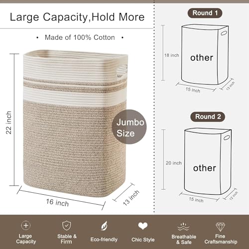 OIAHOMY Laundry Hamper-Laundry Basket,Tall Cotton Storage Basket with Handles,Decorative Blanket Basket for Living room,Collapsible Large Basket for Toys,Pillows,Clothes-16x13x22in-Yellow variegated