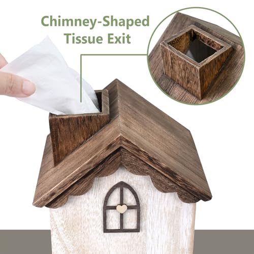 Ikee Design Farmhouse Wooden Square Tissue Box Cover, Brown Color | FARMHOUSE TISSUE COVER: House-shaped wooden holder for bathrooms, bedrooms, and living rooms; 5.8"W x 5.8"D x 8.2"H.