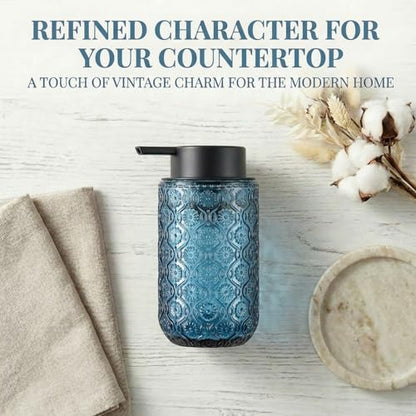 Blue Glass Foaming Hand Soap Dispenser | with Matte Black Pump Thick Embossed Bottle Refillable for Bathroom and Kitchen Decor 13.5 oz