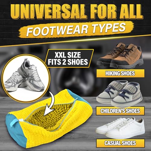 2 Pcs Reusable Shoe Washing Machine Bag, XXL with Zipper, Yellow | Shoe Bag for Washing Machine & Dryer; Fluffy Fibers Clean Every Side; Protects Shoes; Fits Sneakers US 6 to 12; Hanging Loop
