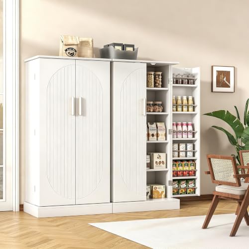 47" Kitchen Pantry Cabinet with Doors and Adjustable Shelves, Freestanding Pantry Storage Cabinet, Farmhouse Buffet Cupboard for Kitchen, Dining Room, Living Room, White
