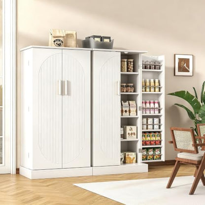 47" Kitchen Pantry Cabinet with Doors and Adjustable Shelves, Freestanding Pantry Storage Cabinet, Farmhouse Buffet Cupboard for Kitchen, Dining Room, Living Room, White