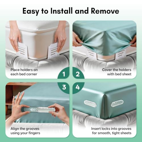 Bed Sheet Holders for Corners-4Pcs Sheet Locks for Fitted Sheets Non-Slip | Durable ABS Snap-Lock Design Keeps Mattress Sheets Firm&Tight, Foldable&Gentle, Easy No-Lift Install for All Mattress Types