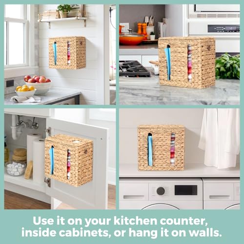Trash Bag Holder with Scalloped Lid 13–30 Gallon Trash Bag Roll Holder Wall Mount Garbage Bag Dispenser for Kitchen, Cabinet (1, Natural)