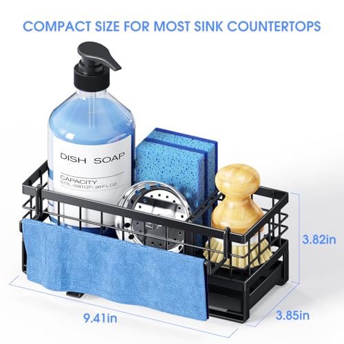 Kitchen Sink Sponge Holder, Rustproof Non-Slip Self-Draining Metal Sink Caddy with Detachable Dish Cloth Holder (Black)