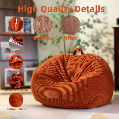 ZhenLives Stuffed Animal Storage Bean Bag Chair Cover, Cover Only (No Filler), Corduroy Toy Organizer Floor Cushion Seat, 48 in/120 cm Slipcover for Teens & Adults,Green
