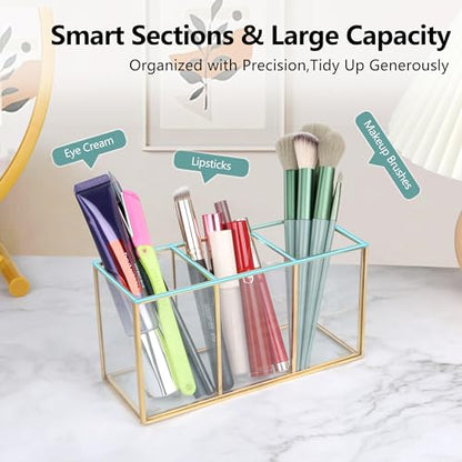 ELEGANTLIFE Clear Glass Makeup Brush Organizer,Luxurious Tempered Glass Cosmetics Brushes Storage Holder for Refined Bathroom Decor (Gold, 3 Sections)