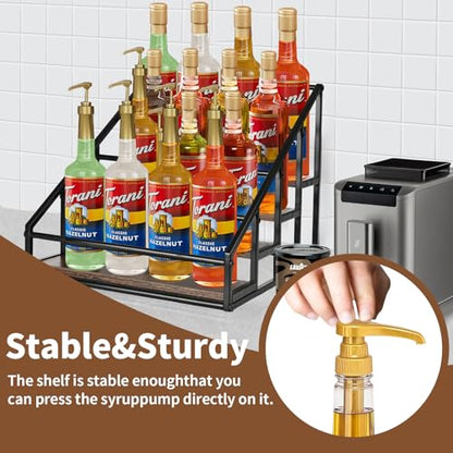 4-Tier Coffee Syrup Organizer, 16-Bottle Rack, Rustic Brown | Holds up to 16 bottles with stepped visibility; rustic wood and metal design for syrups, kitchens, and home coffee bars.
