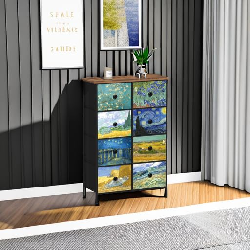 EXOTICA Tall Dresser with 8 Drawer for Bedroom Narrow Van Gogh Chest of Drawers for Hallway Closet Living Room Steel Frame Rustic Brown Wood Grain Wood Top