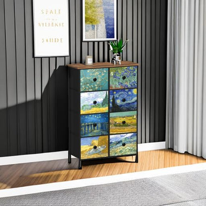 EXOTICA Tall Dresser with 8 Drawer for Bedroom Narrow Van Gogh Chest of Drawers for Hallway Closet Living Room Steel Frame Rustic Brown Wood Grain Wood Top