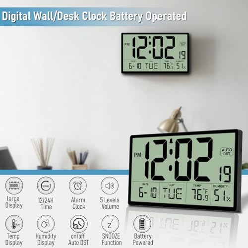 9‘’ Narrow Bezels Battery Operated Digital Wall Clock with Temperature and Humidity - Auto DST, Large 2⅝'' Digits, 5-Level Volume Alarm (3 AA Included) - Wall Mount/Desktop for Office Bedroom Kitchen