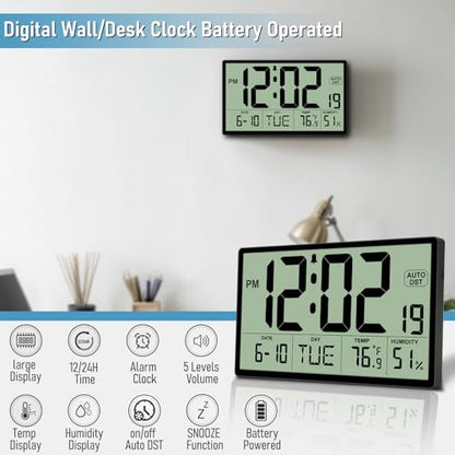 9‘’ Narrow Bezels Battery Operated Digital Wall Clock with Temperature and Humidity - Auto DST, Large 2⅝'' Digits, 5-Level Volume Alarm (3 AA Included) - Wall Mount/Desktop for Office Bedroom Kitchen