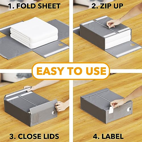 SpaceAid 4 Pack Bed Sheet Organizers and Storage, Foldable Organizer for Linen Closet, Sheets Set Folder Keeper with Window XL (Queen & King Size) Organizing Bedding Container, Gray 91ZDSN-SL01-G4